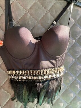 VINTAGE Y2K Bebe Aubrey Feather Trim Rhinestone Bustier Top - Black xs